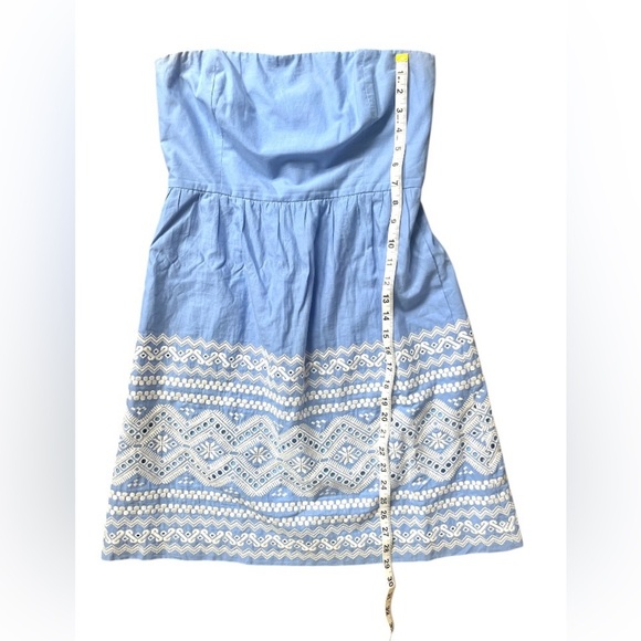 J. Crew Blue and White Embroidered Strapless Dress, Size 6 - Picture 4 of 8
